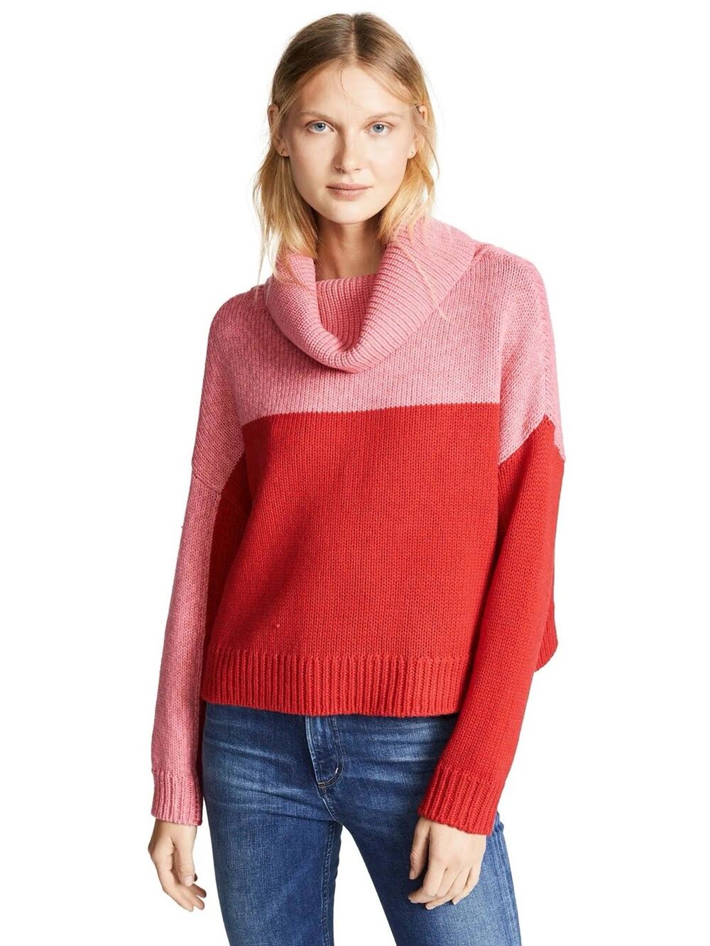 Alice + Olivia Bryant Colorblock Rosecherry Boxy Wool Cowl Neck Sweater Size XS